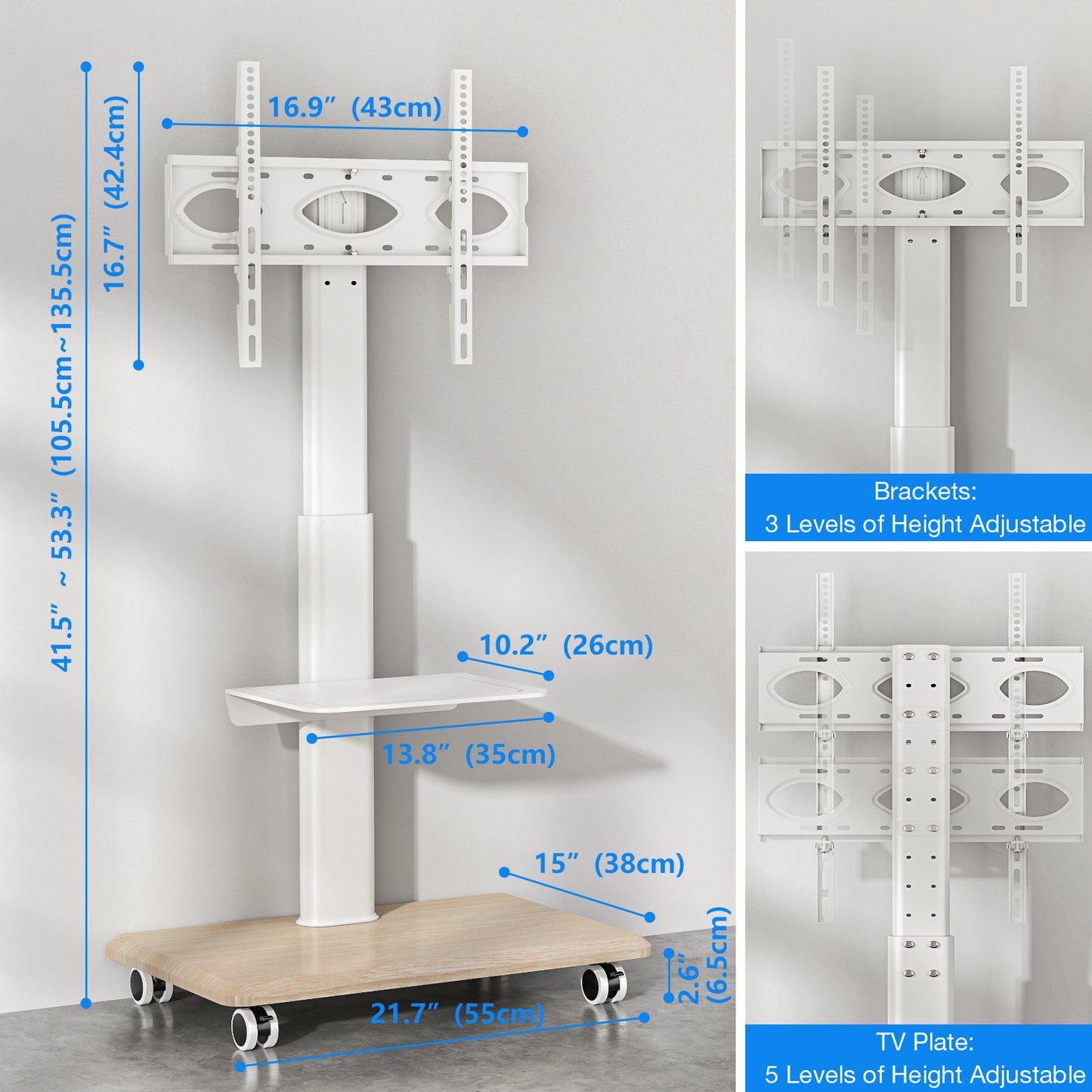 Sleek Rolling TV Stand with Power Outlet for Home Decor, Height Adjustable Portable TV Stand on Wheels for 32-70 Inch TVs, Strong Tall Mobile TV Cart with Mount Up to 88 lbs, White