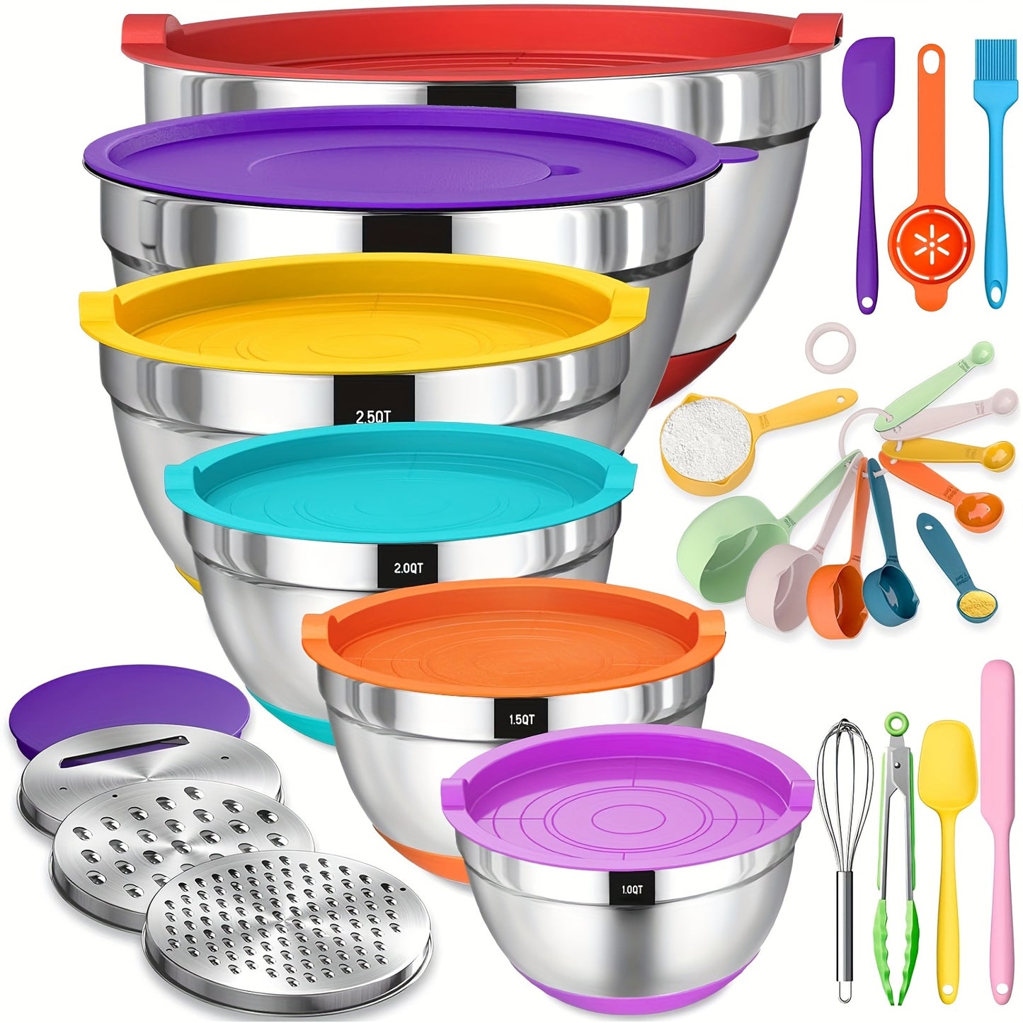 Mixing Bowls With Airtight Lids, 26Pcs Stainless Steel Bowls Set, 3 Grater Attachments & Black Non-Slip Bottoms Size 7, 4, 2.5, 2.0, 1.5, 1QT, Great For Mixing & Serving Salad Food