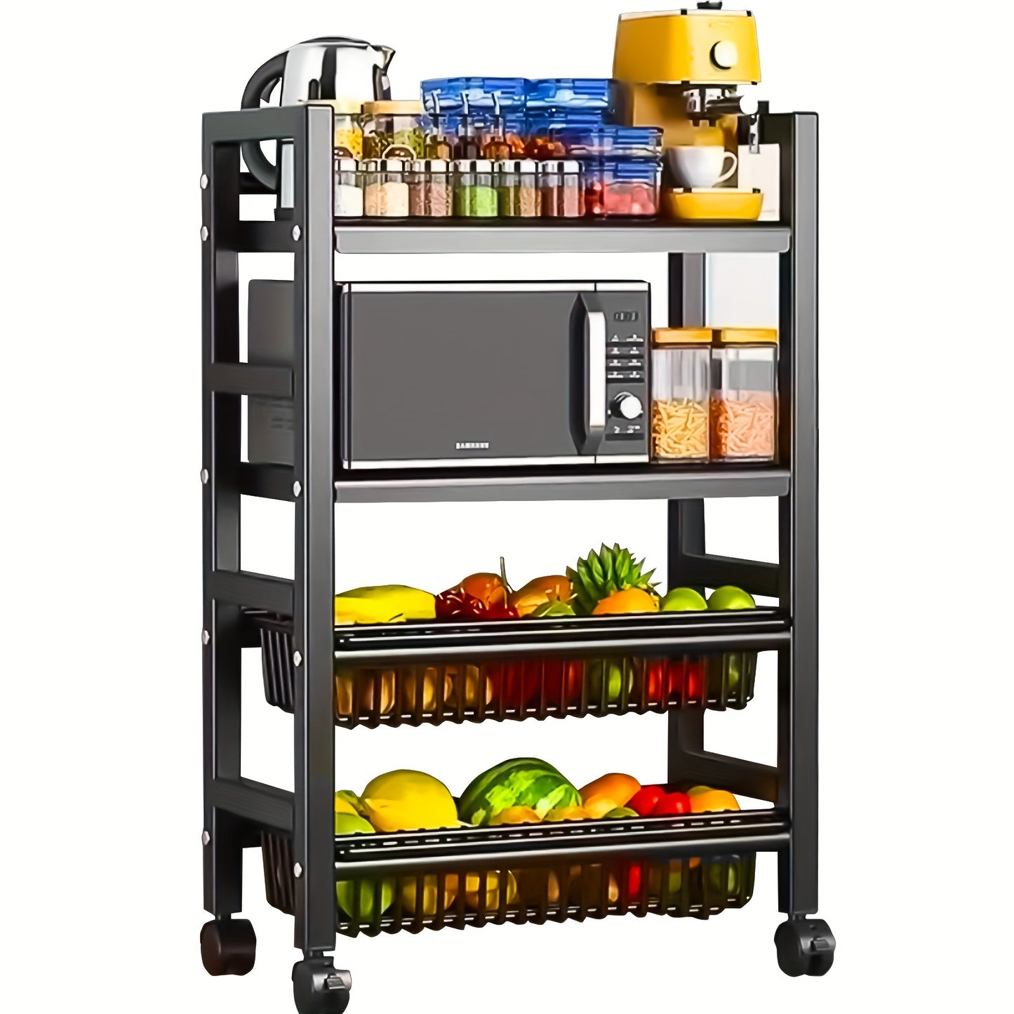 4/5-Tier Metal Storage Shelves with Wheels, Fruit Basket for Kitchen, Heavy Duty Foldable Garage Shelving Unit for Easy Organization, Ideal for Kitchen, Garage, and Basement