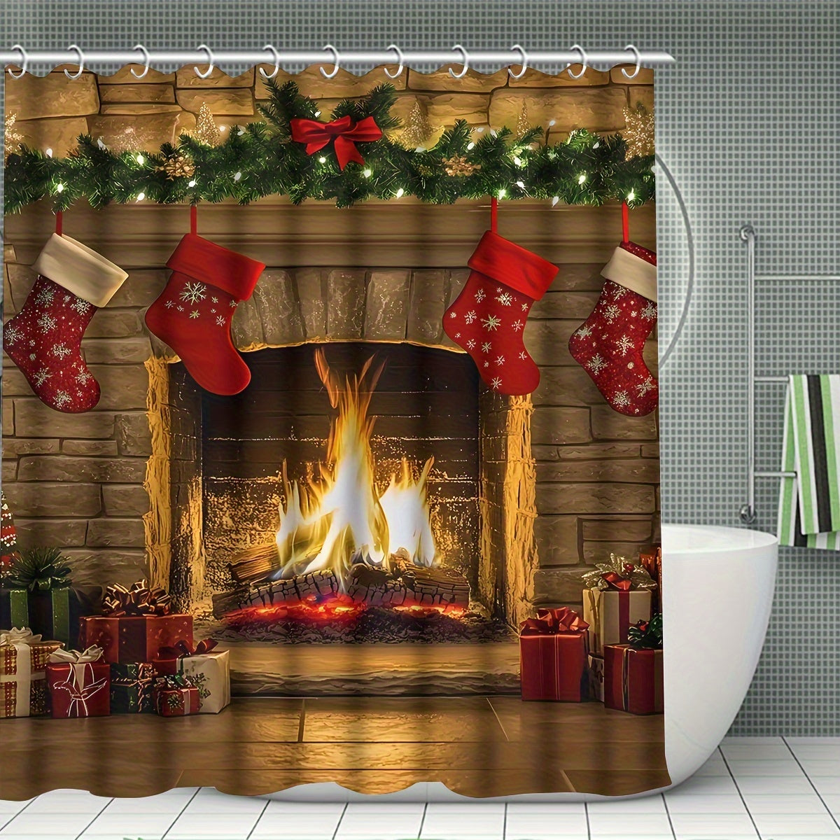 4PCS Christmas Bathroom Accessories Set, Non-Slip Rug, U-Shape Mat, Lid Cover, Partition with 12 Hooks, Fireplace Shower Curtain for Christmas Decor