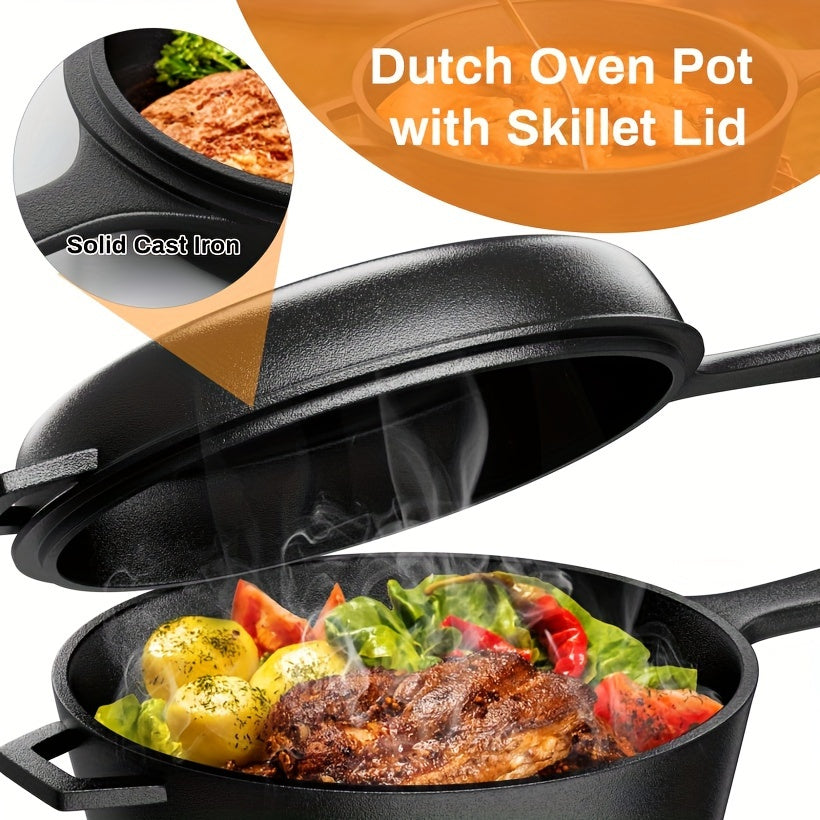 Cast Iron Skillet With Lid, 2-In-1 Multi Cooker, Deep Pot 3.2Qt+ Frying Pan 1.4Qt, Dutch Oven, Oven Cookware, Works For Oven, Stove, Grill, Campfire