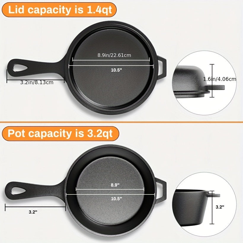 Cast Iron Skillet With Lid, 2-In-1 Multi Cooker, Deep Pot 3.2Qt+ Frying Pan 1.4Qt, Dutch Oven, Oven Cookware, Works For Oven, Stove, Grill, Campfire