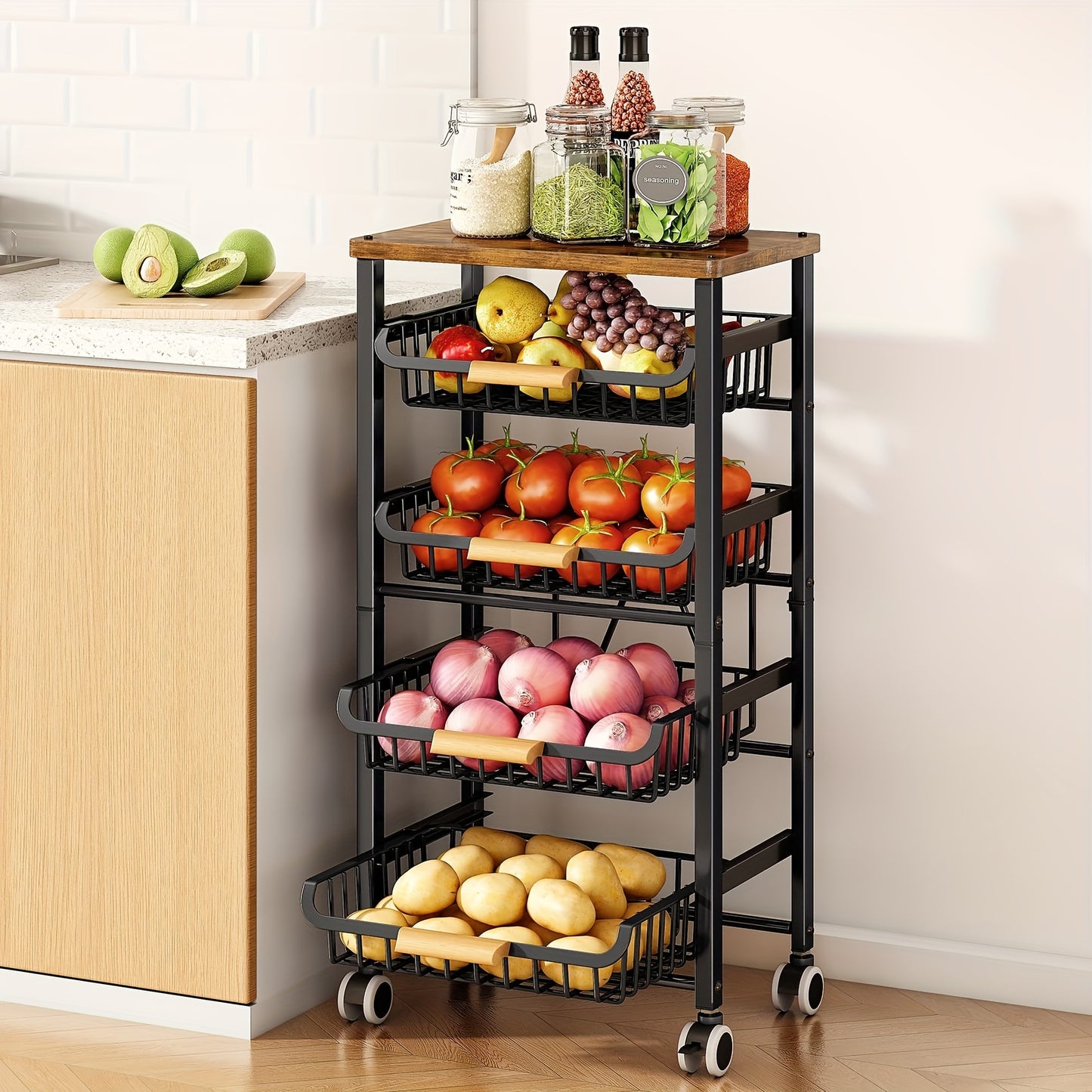 5-Tier Wood Top Kitchen Fruit Basket - Pull-Out Wire Shelves With Wheels For Easy Access To Fruits, Vegetables, And More (Black)