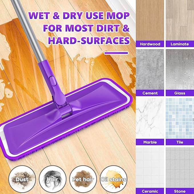 Microfiber Mops for Floor Cleaning - Flat Floor Mop Wet Dry Dust Mop for Hardwood Floors Laminate Wood Tile Vinyl Wall Hard Surface, Bathroom Kitchen Mop with 4 Reusable Washable Chenille Pads