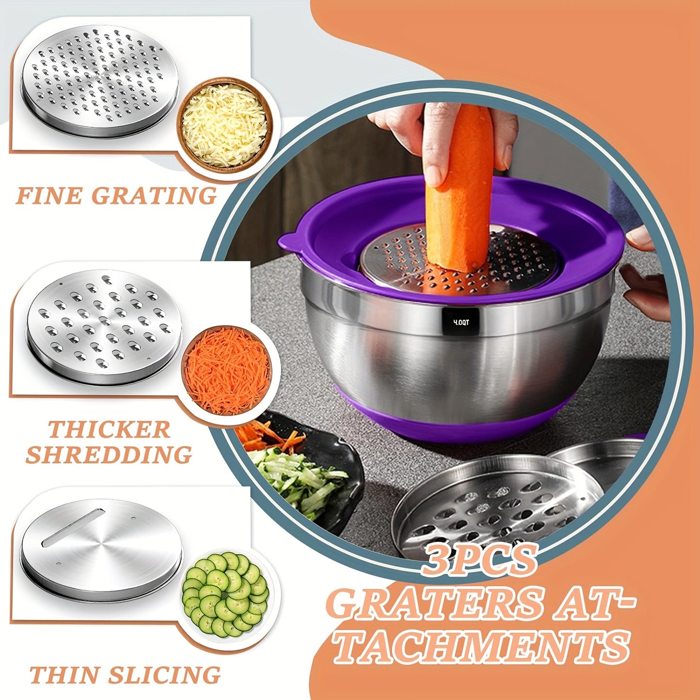 Mixing Bowls With Airtight Lids, 26Pcs Stainless Steel Bowls Set, 3 Grater Attachments & Black Non-Slip Bottoms Size 7, 4, 2.5, 2.0, 1.5, 1QT, Great For Mixing & Serving Salad Food