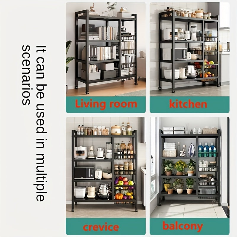 Mobile Kitchen Shelf, Multi-layer Metal Kitchen Storage Rack With Open Basket - Floor Standing, Suitable For Organizing And Storing Fruits And Vegetables, Kitchen Storage Room Storage Container, Black