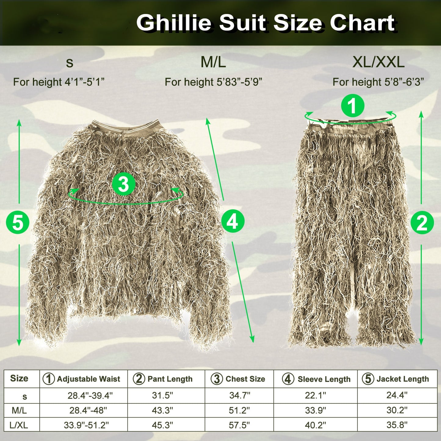 6 in 1 Ghillie Suit,Jungle greendesert yellow 3D Camouflage Hunting Apparel Including Jacket, Pants, Hood, Carry Bag and Camo Tapes Bushman Costume Suitable for Men, Hunters