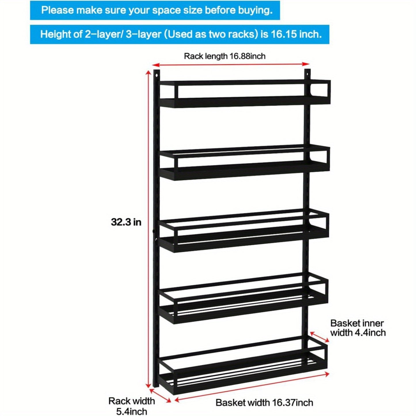 Wall Mount Spice Rack Organizer 5-tier Height-Adjustable Hanging Spice Shelf Storage For Kitchen Pantry Cabinet, Dual-Use Seasoning Holder Rack With Hooks