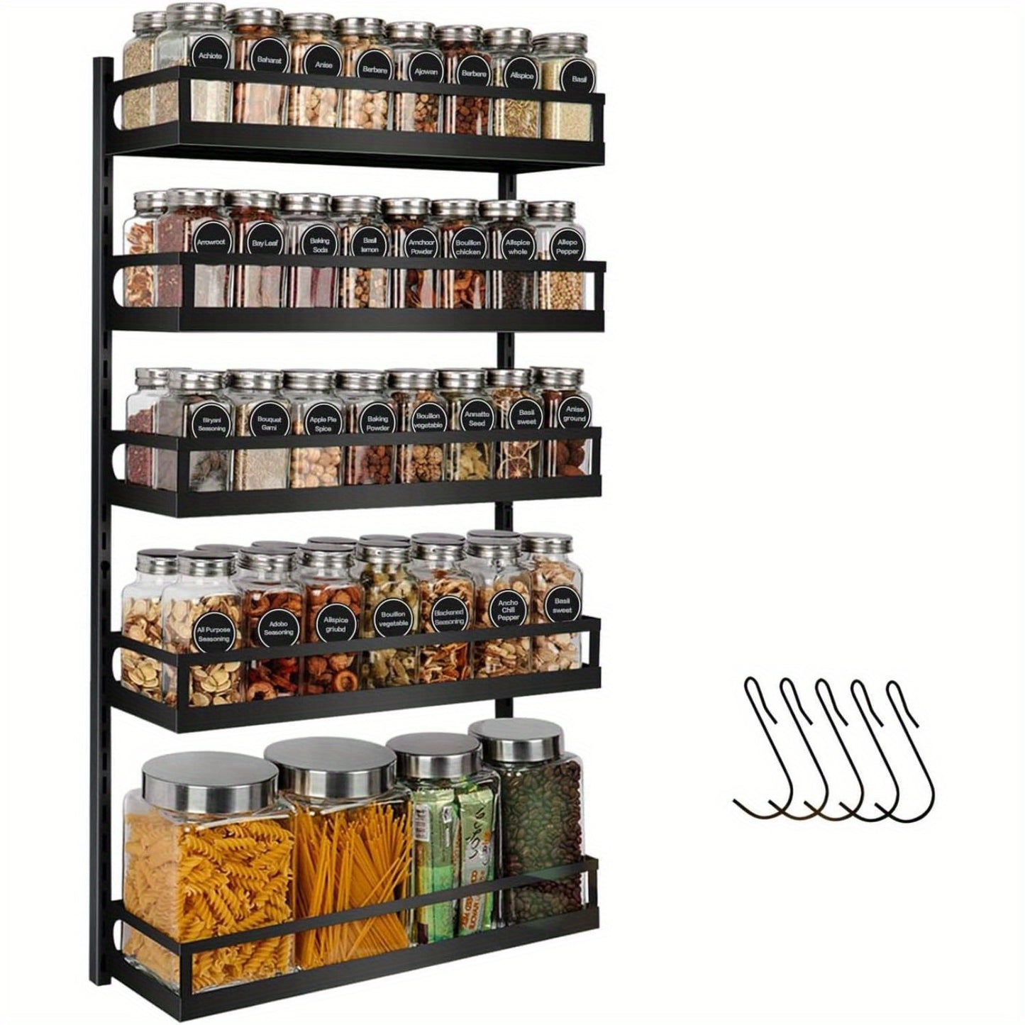 Wall Mount Spice Rack Organizer 5-tier Height-Adjustable Hanging Spice Shelf Storage For Kitchen Pantry Cabinet, Dual-Use Seasoning Holder Rack With Hooks