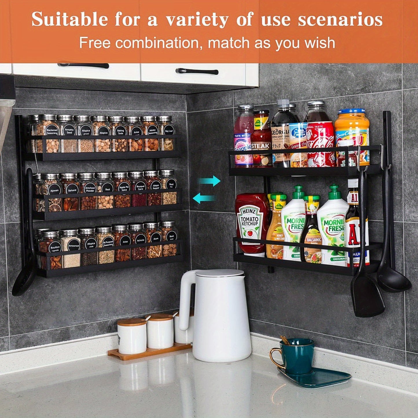 Wall Mount Spice Rack Organizer 5-tier Height-Adjustable Hanging Spice Shelf Storage For Kitchen Pantry Cabinet, Dual-Use Seasoning Holder Rack With Hooks