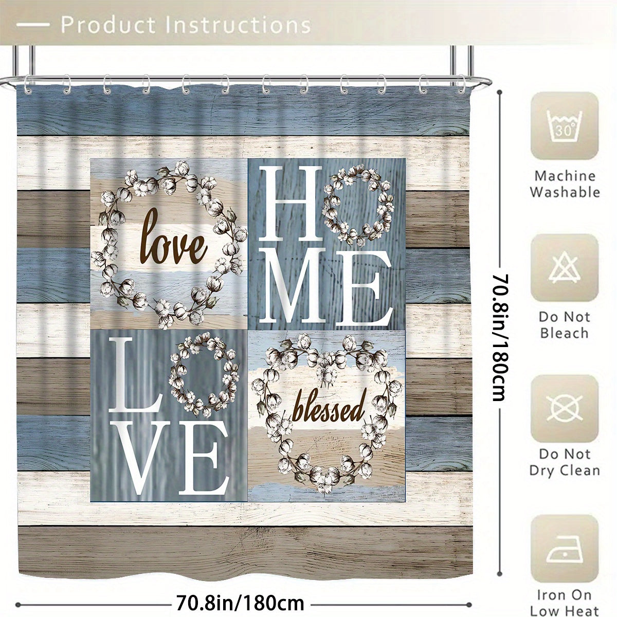 4pcs Wood Grain Background Letters Modern Home Bathroom Decoration: Shower Curtain and 3-piece Toilet Floor Mat Set with 12 Shower Curtain Hooks