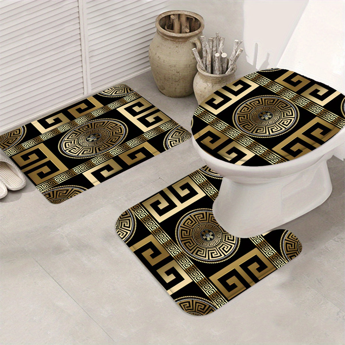 4pcs Black Golden Geometric Design Shower Curtain Set with 12 Hooks, Modern Home Bathroom Decoration, and 3-piece Toilet Floor Mat