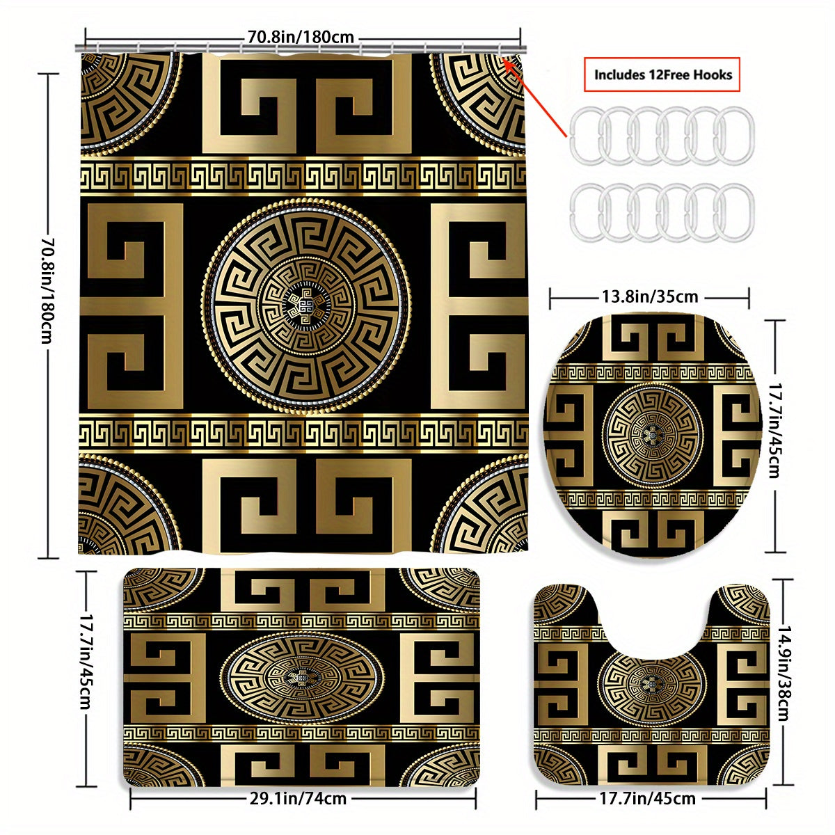 4pcs Black Golden Geometric Design Shower Curtain Set with 12 Hooks, Modern Home Bathroom Decoration, and 3-piece Toilet Floor Mat