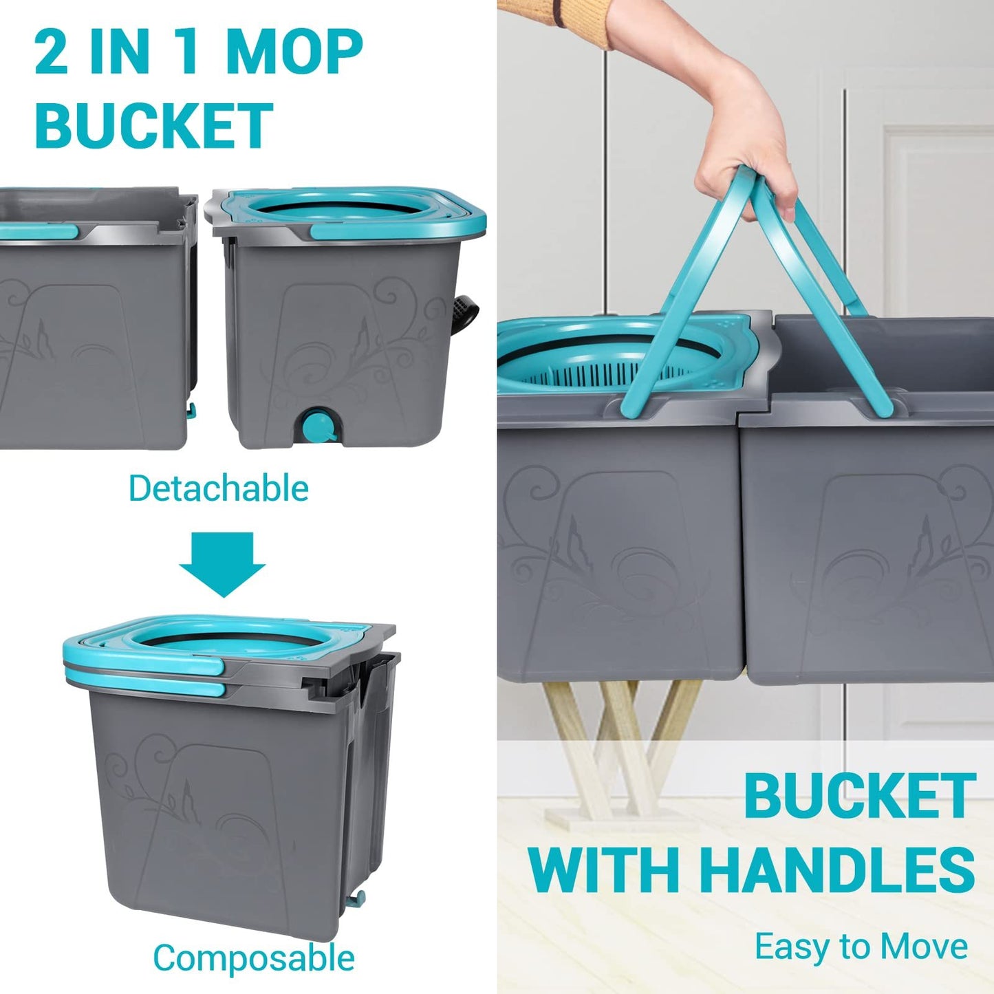 Mastertop Spin Mop and Bucket Set, Stackable Microfiber Floor Cleaning System, Wet & Dry Mop with 6 Replacement Refills for Hardwood, Laminate, Tile