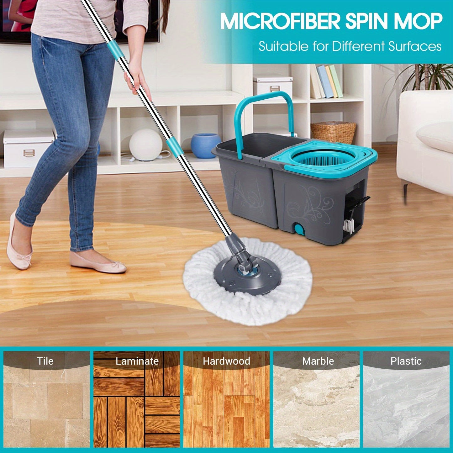 Mastertop Spin Mop and Bucket Set, Stackable Microfiber Floor Cleaning System, Wet & Dry Mop with 6 Replacement Refills for Hardwood, Laminate, Tile