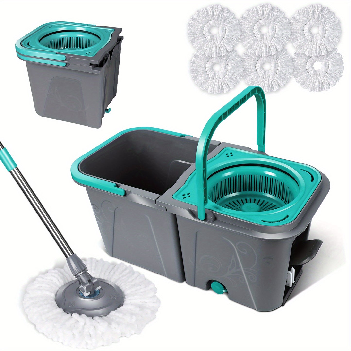 Mastertop Spin Mop and Bucket Set, Stackable Microfiber Floor Cleaning System, Wet & Dry Mop with 6 Replacement Refills for Hardwood, Laminate, Tile