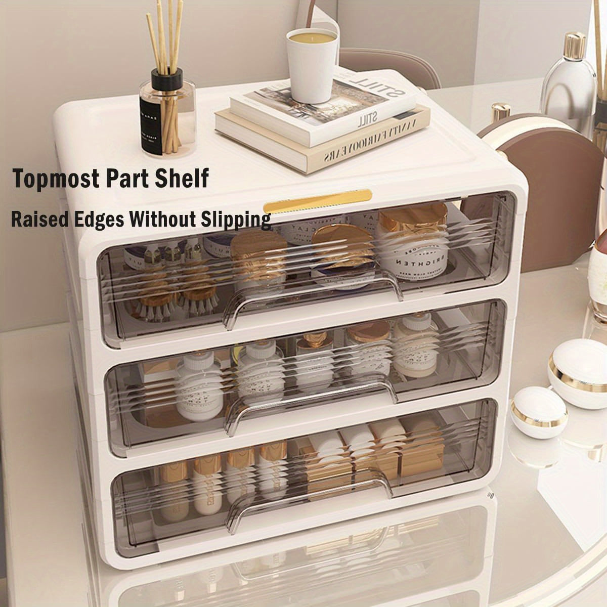 4-Layer Large Countertop Makeup Organizer Box - Vanity Bedroom Storage Solution for Skincare, College Dorm, Closet, Desk - White Makeup Drawer Organizer with Ample Space