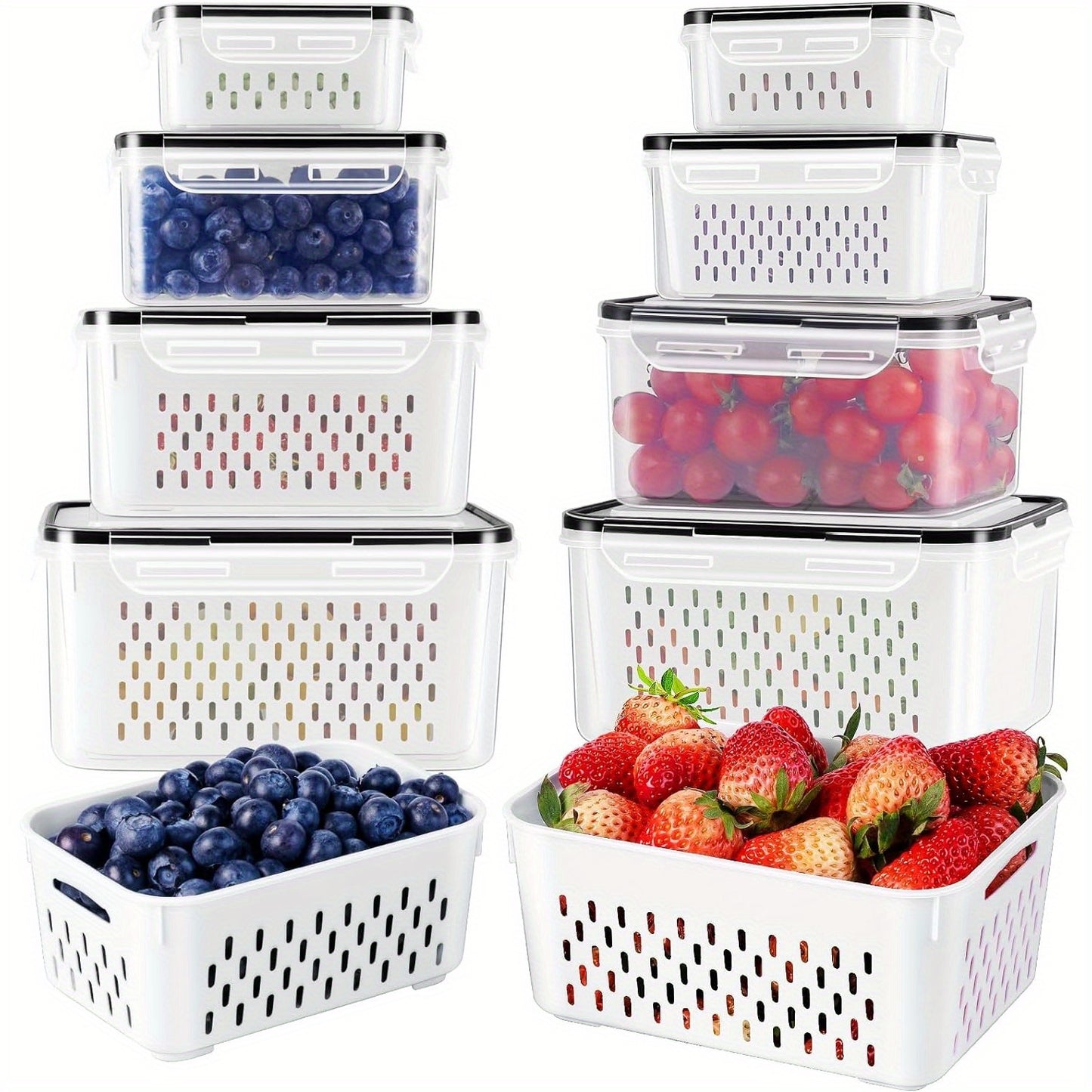 8 PCS Fruit Storage Containers - Airtight, Dishwasher Safe, Removable Colander, Produce Saver - Keep Berries, Vegetables Fresh Longer, Refrigerator Organization, Space-Saving Design