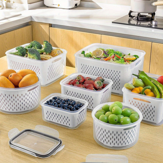 8 PCS Fruit Storage Containers - Airtight, Dishwasher Safe, Removable Colander, Produce Saver - Keep Berries, Vegetables Fresh Longer, Refrigerator Organization, Space-Saving Design