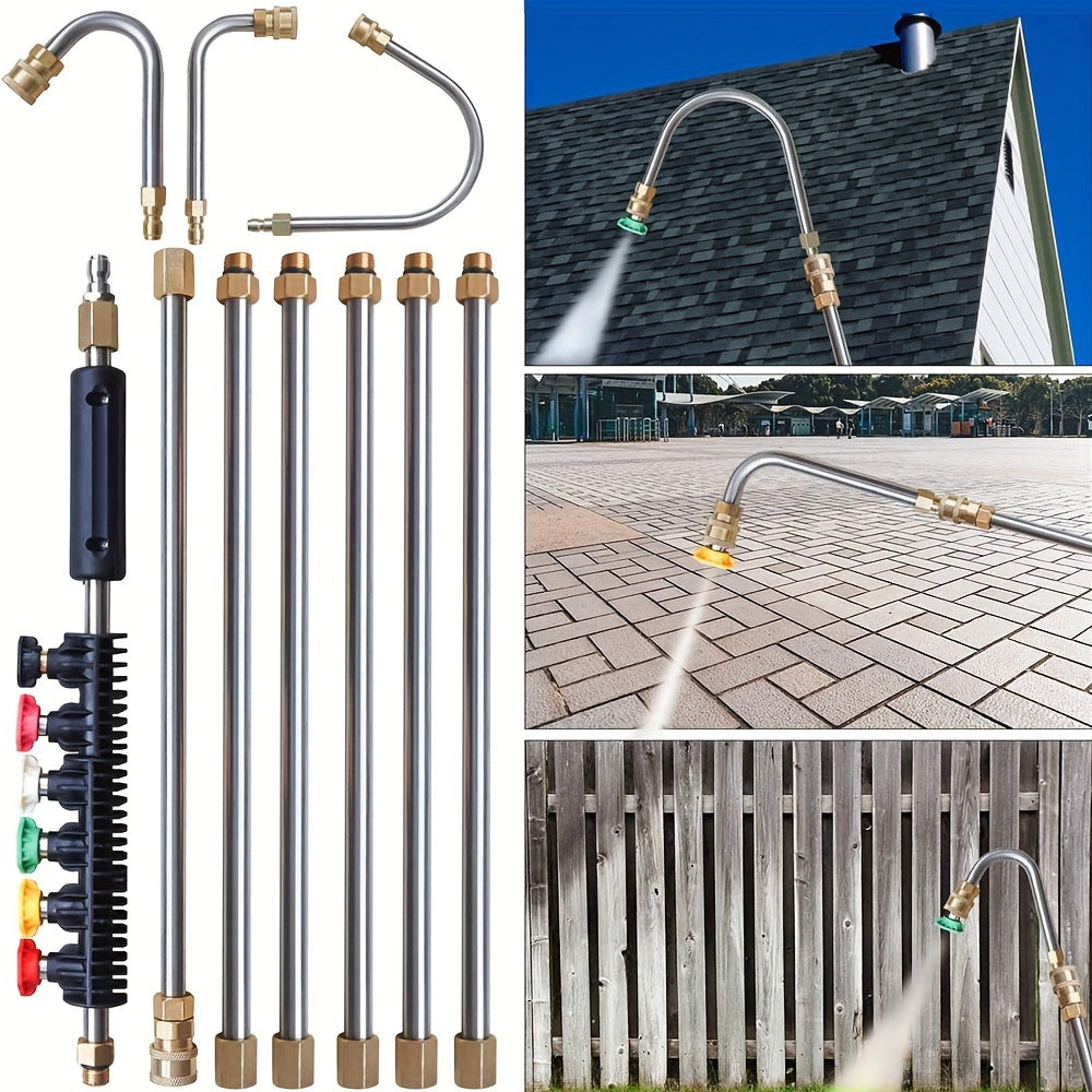 10pcs/set High Pressure Washer Extension Wand, 1/4" Quick Connect Power Washer Lance With 6 Nozzle Tips, 30°, 90°, 120° Gutter Cleaning Curved Rod, 4000 PSI, Uesd For Roof Drainage Ditch, Exterior Walls