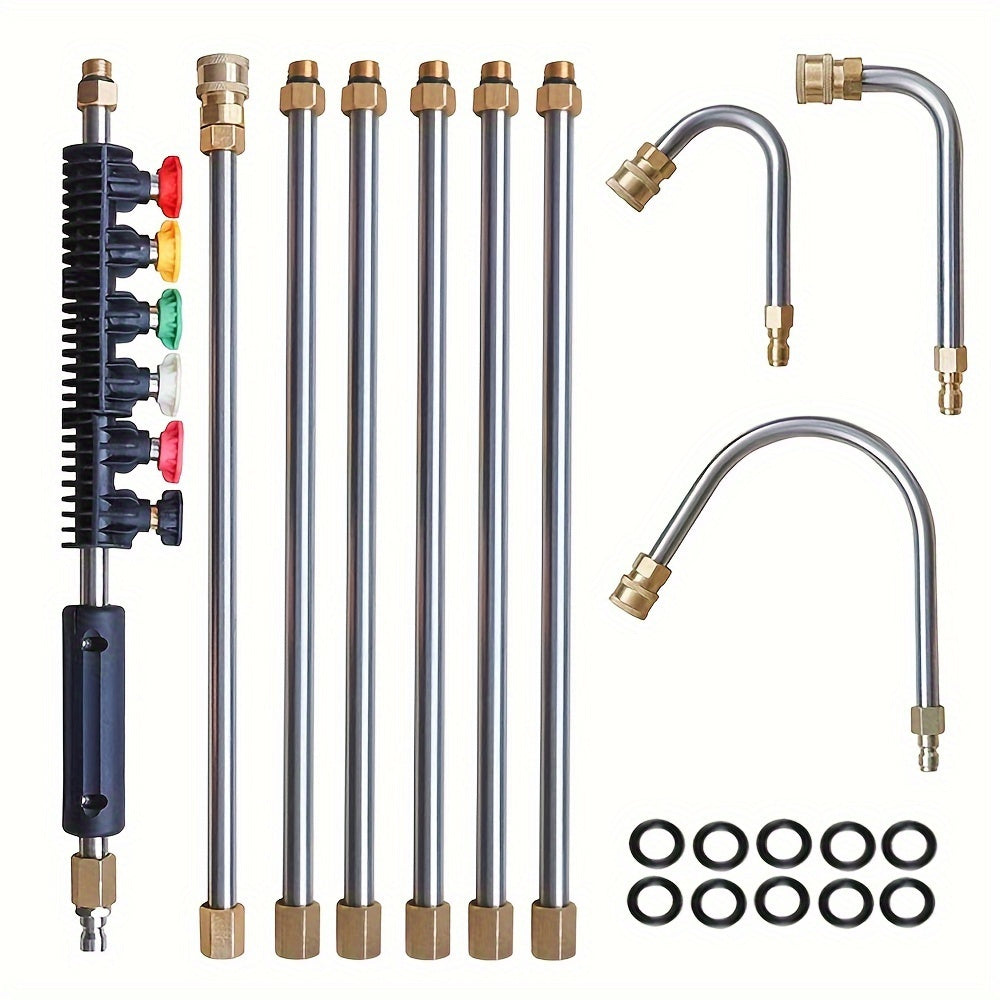 10pcs/set High Pressure Washer Extension Wand, 1/4" Quick Connect Power Washer Lance With 6 Nozzle Tips, 30°, 90°, 120° Gutter Cleaning Curved Rod, 4000 PSI, Uesd For Roof Drainage Ditch, Exterior Walls