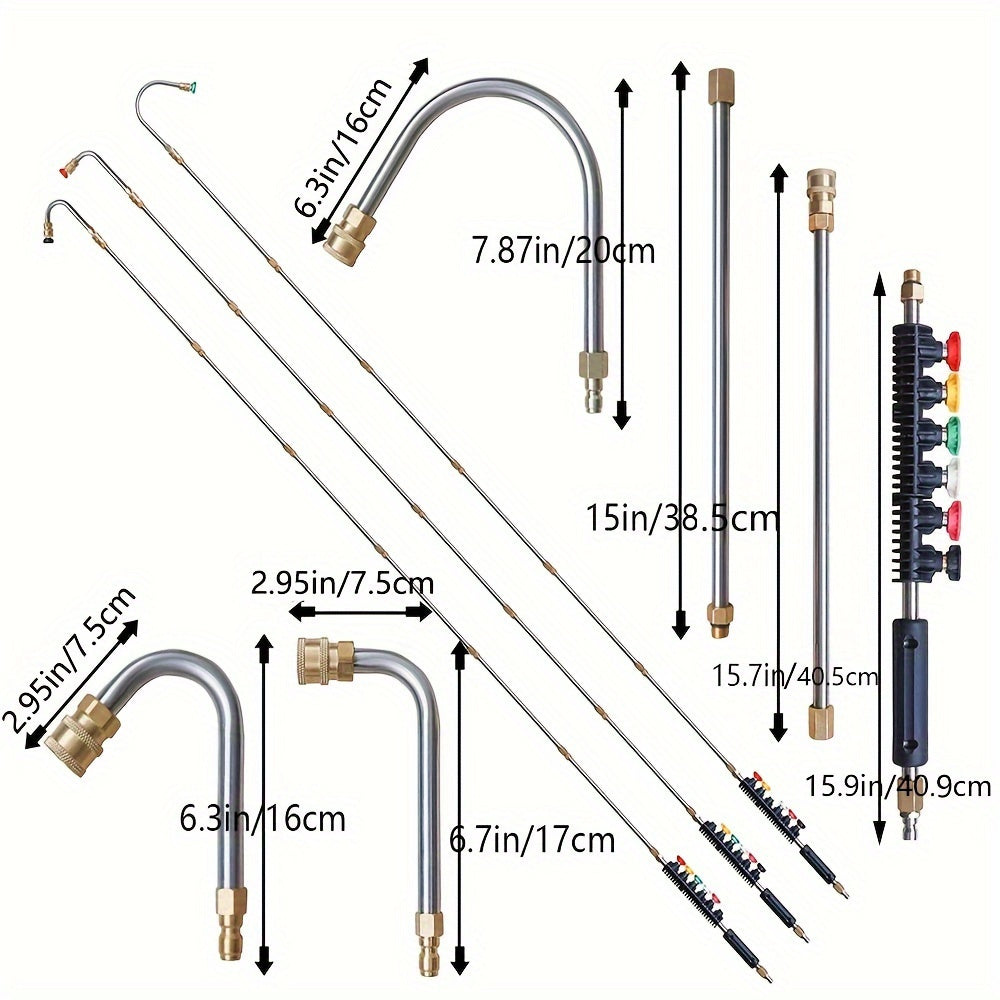 10pcs/set High Pressure Washer Extension Wand, 1/4" Quick Connect Power Washer Lance With 6 Nozzle Tips, 30°, 90°, 120° Gutter Cleaning Curved Rod, 4000 PSI, Uesd For Roof Drainage Ditch, Exterior Walls