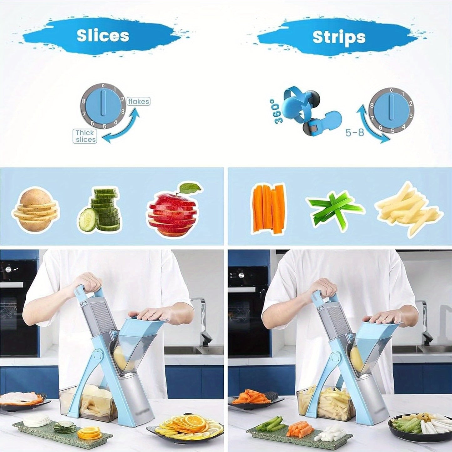 Home Dice and Shred Tool, Adjustable Vegetable Food Chopper Multifunctional Kitchen Slicer with Bottom Suction Cup Easy Clean Potato Fries Cutter