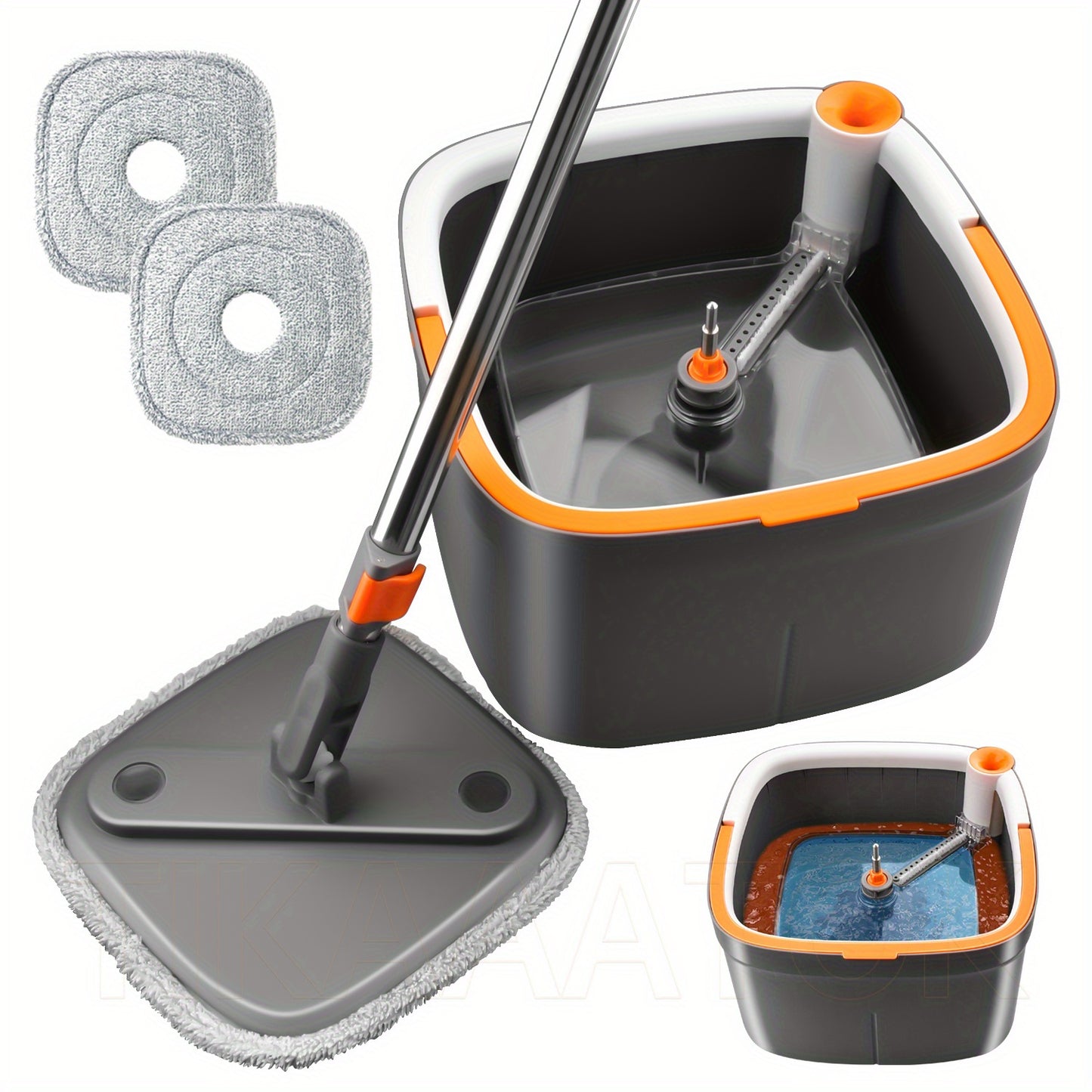 Spin Mop and Bucket System, Includes Square Spin Mop, Dual Compartment Mop Bucket and 2/ 6 Thick Machine Washable Mop Pads