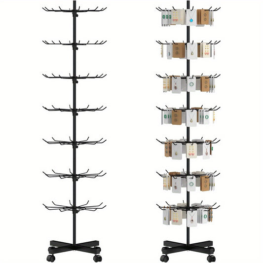 Retail Display Stand 7 Tier Rotating Rack For Store Display Shelves, Jewelry Keyring Socking Hats, Movable Shop Spinner for Toys Show, Black, Adjustable height