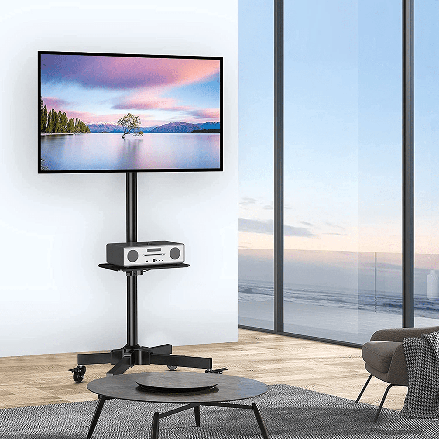 Height Adjustable Rolling TV Cart with Lockable Wheels, Fits 23-60 Inch LCD LED OLED Flat and Curved TVs, Mobile TV Stand for Home and Office, Black