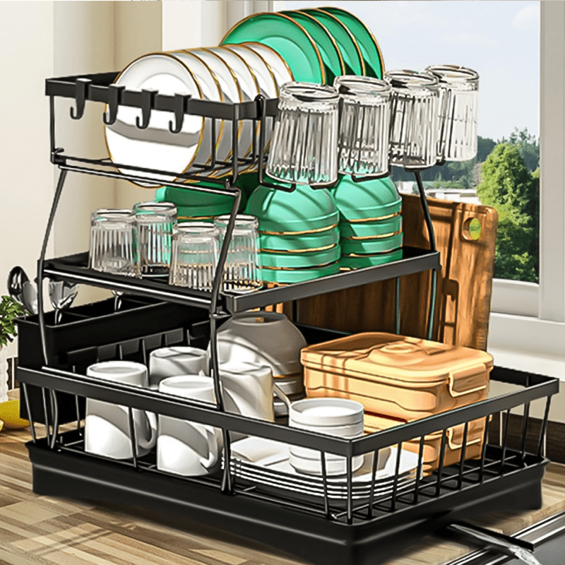 Three-Tier Stainless Steel Kitchen Storage Rack - Dish Rack for Dishes, Cups, Knives, Forks, and Sponge Cloth Drain Storage with Space-Saving Design and Easy Cleaning