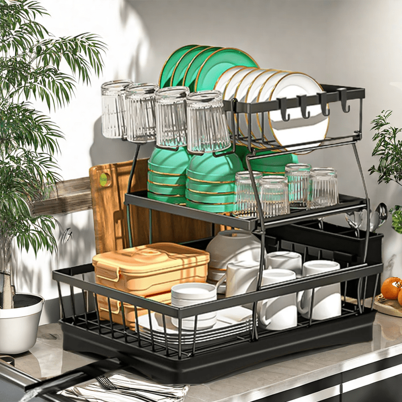 Three-layer Black Bowl Tray Rack Kitchen Storage Rack Three-layer Shelf Stainless Steel Kitchen Storage For Dishes, Cups, Knives And Forks, Sponge Cloth Drain Storage