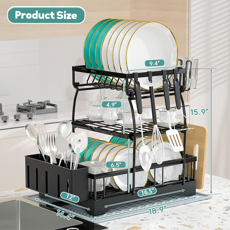 Three-layer Black Bowl Tray Rack Kitchen Storage Rack Three-layer Shelf Stainless Steel Kitchen Storage For Dishes, Cups, Knives And Forks, Sponge Cloth Drain Storage