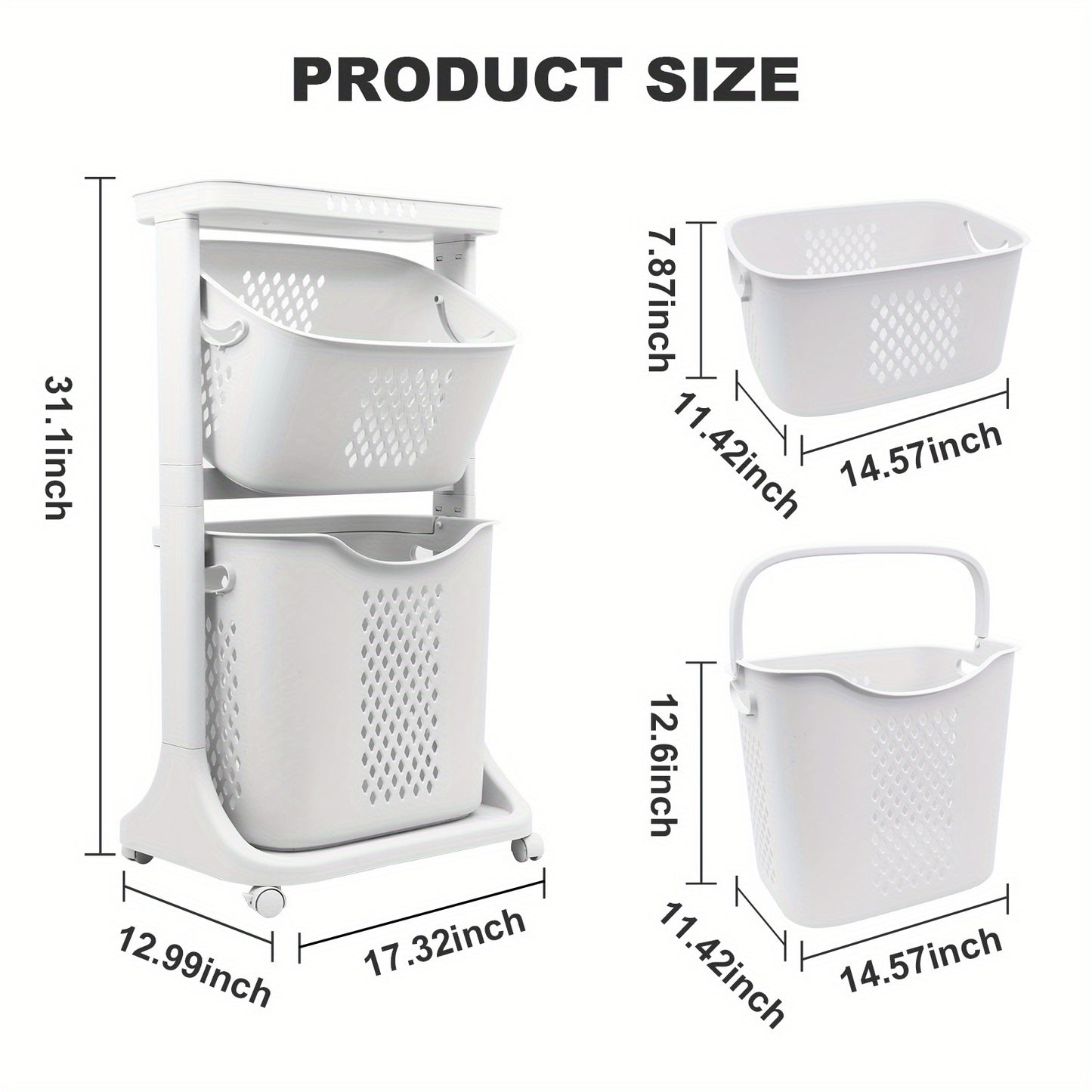 Modern wheeled laundry basket, large capacity laundry basket, movable by layer classification, home storage, suitable for bathroom/living room/bedroom/laundry room