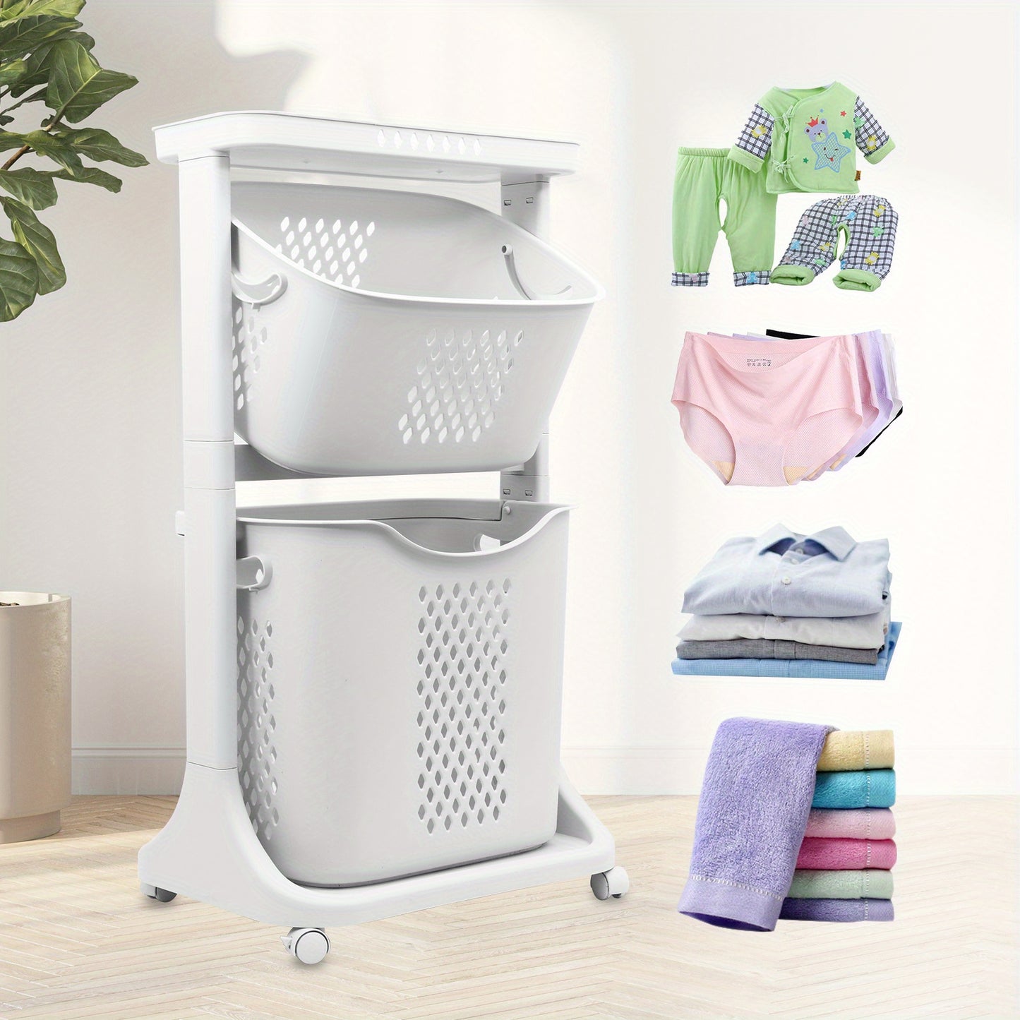 Modern wheeled laundry basket, large capacity laundry basket, movable by layer classification, home storage, suitable for bathroom/living room/bedroom/laundry room