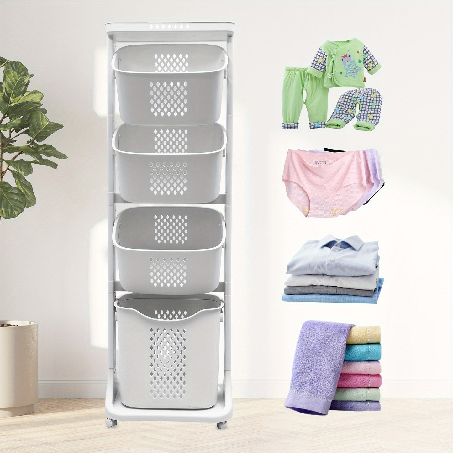 Modern wheeled laundry basket, large capacity laundry basket, movable by layer classification, home storage, suitable for bathroom/living room/bedroom/laundry room