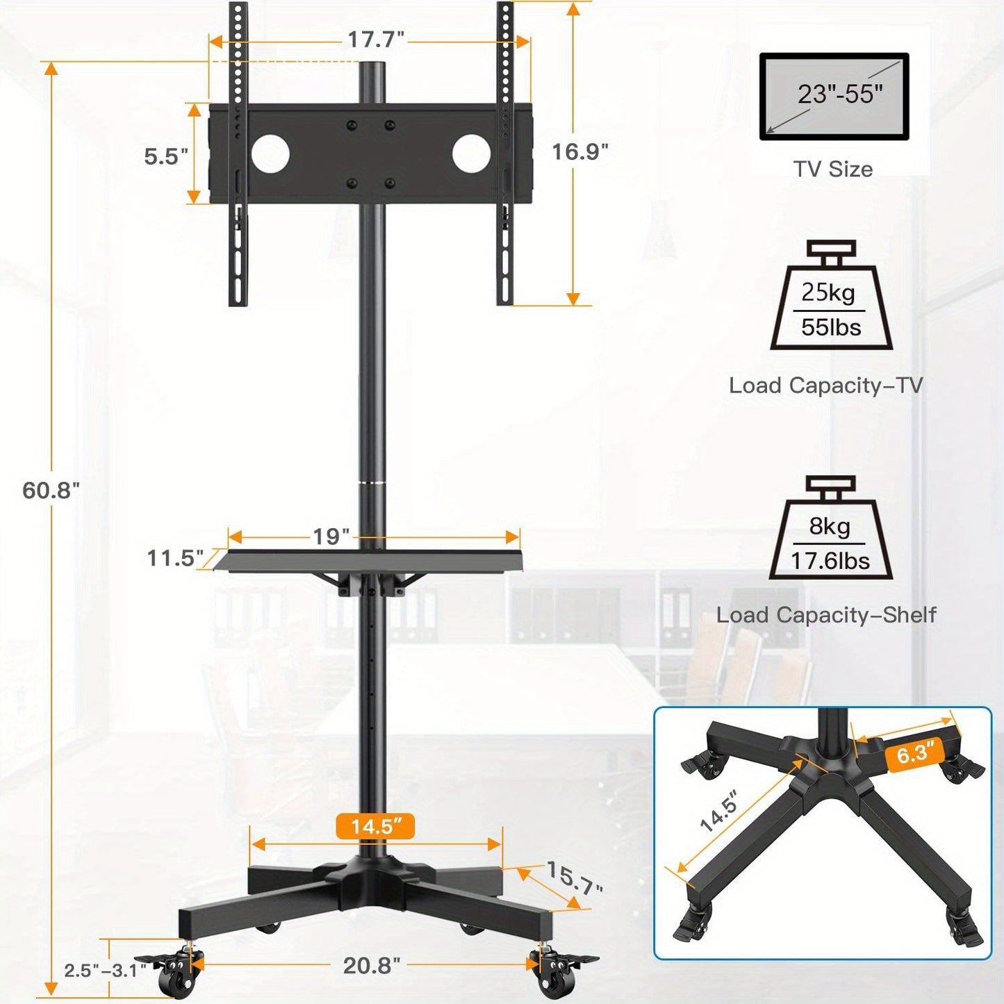 Height Adjustable TV Trolley, Removable TV Stand, TV Trolley, Maximum Load 55 Lbs, for 23-60 Inch Flat Screen TV or Screen with Monitor DVD Tray, Maximum VESA 400*400mm, Multi-Functional TV Stand Trolley with Wheels