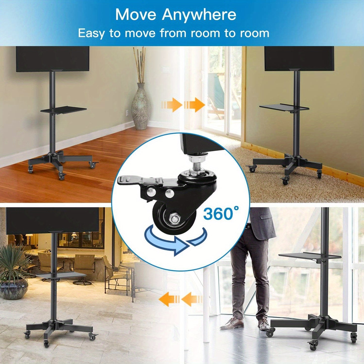 Height Adjustable TV Trolley, Removable TV Stand, TV Trolley, Maximum Load 55 Lbs, for 23-60 Inch Flat Screen TV or Screen with Monitor DVD Tray, Maximum VESA 400*400mm, Multi-Functional TV Stand Trolley with Wheels