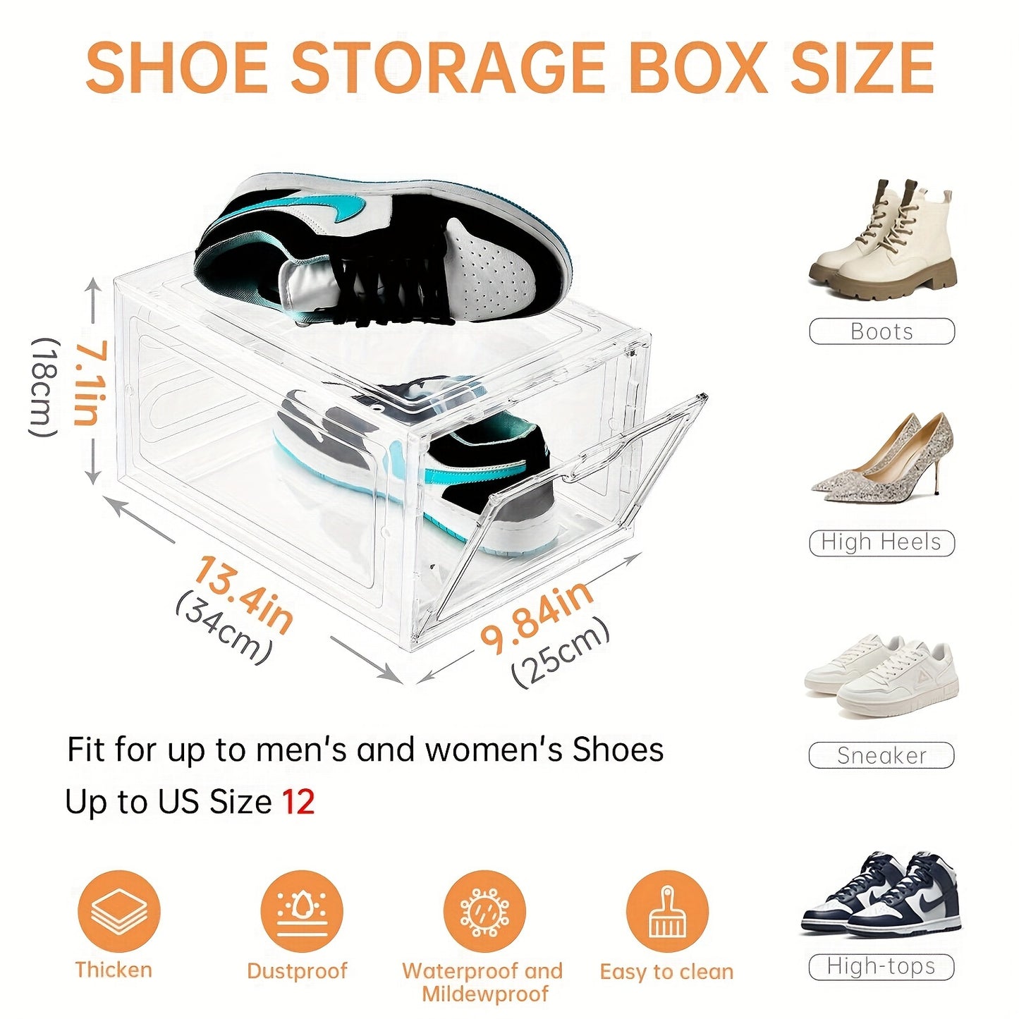 6/12 Pack Shoes Box, Shoes Storage With Magnetic Door, Shoe Box For Closet, Sneaker Case, Fit Up To US Size 12 For Men/Women13.4"x 9.8"x 7.1", Clear/Black/Ashy/Black With Clear