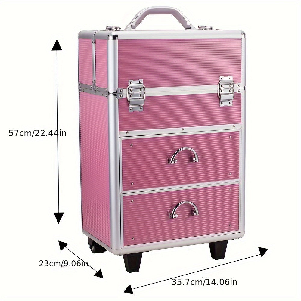 Stylish Pink Lockable Cosmetic Makeup Case with 4 Tiers & Extendable Trays - Spacious, Secure, and Chic