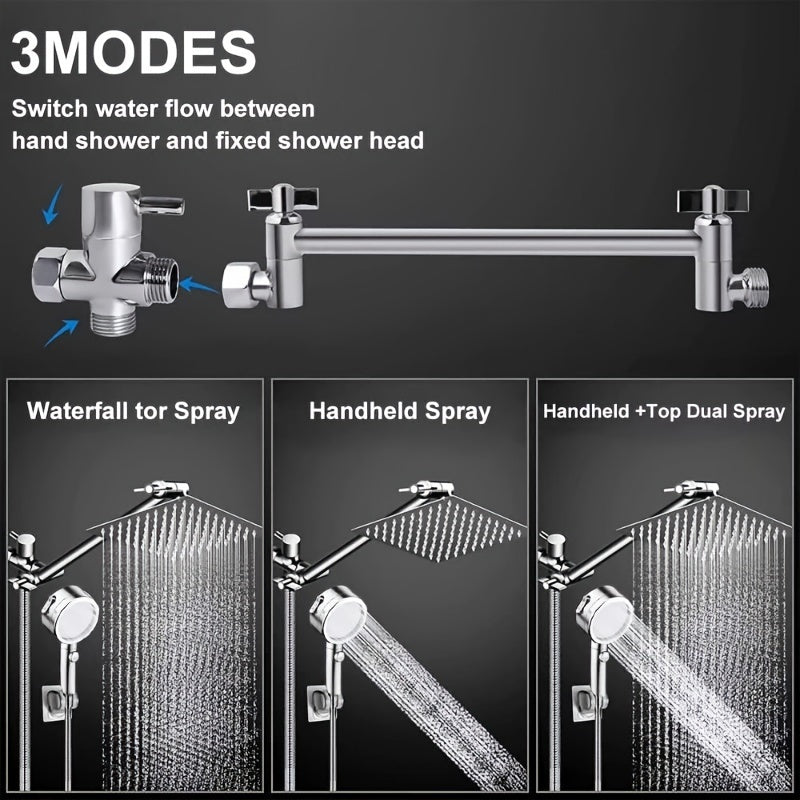 12 Inch High Pressure Rainfall Shower Head - 9 Settings Adjustable, 11 Inch Extension Arm, Handheld Shower Combo, Anti-Leak, Height/Angle Adjustable, with Holder/Hose