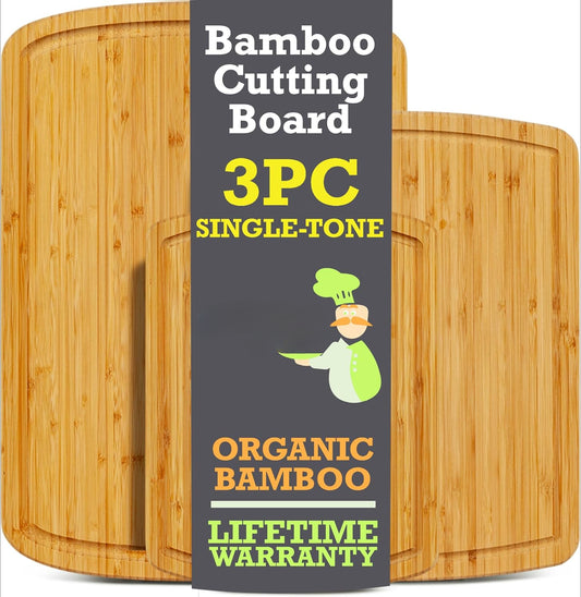 Organic Bamboo Cutting Board Set of 3 with Lifetime Replacements - Wood Cutting Board Set with Juice Groove - Wooden Chopping board Set for Kitchen, Meat and Cheese