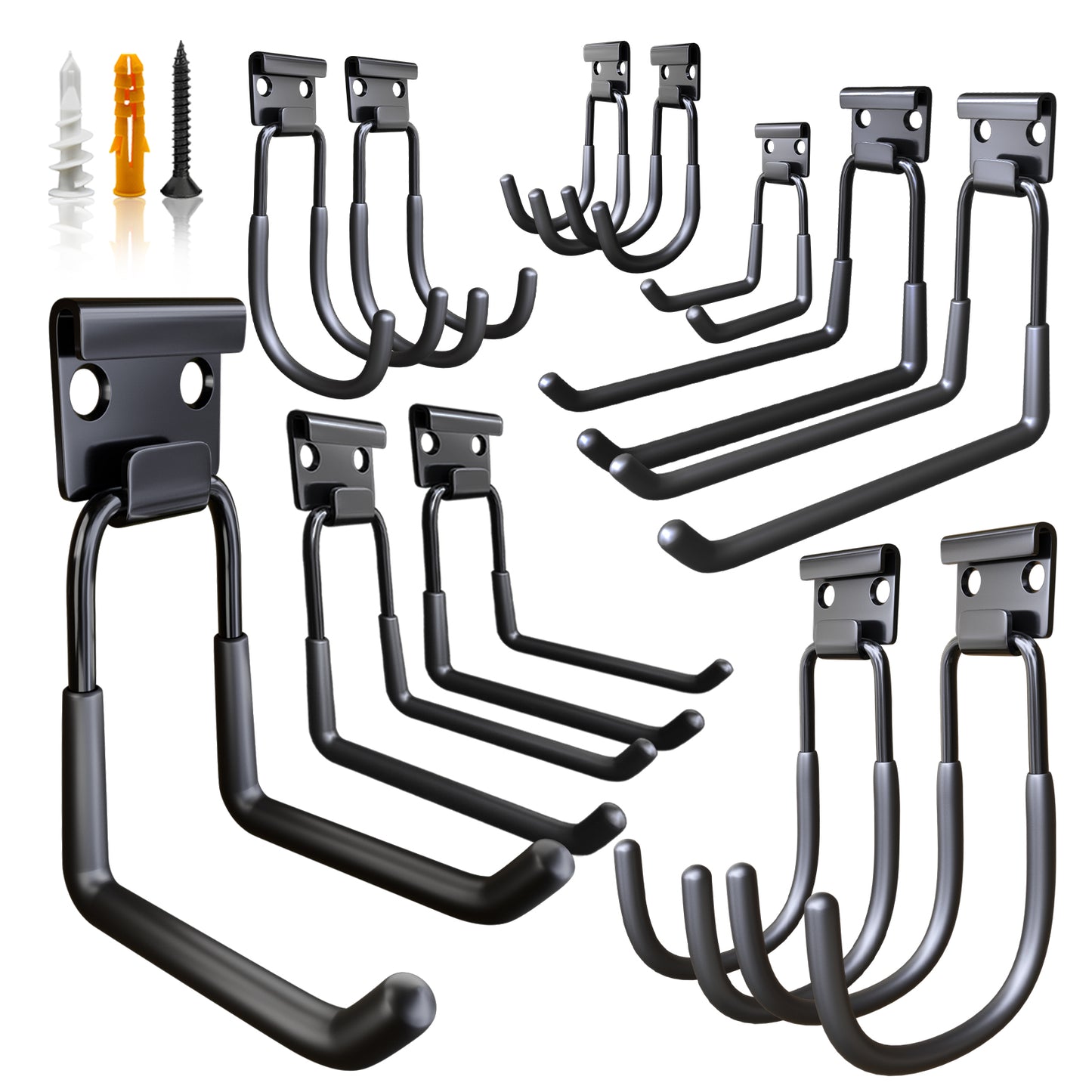 Utility tools, garages, ladders, wall racks, brackets, outdoor garage hooks 12-piece, heavy-duty steel tool wall storage hooks with non-slip coating, practical wall-mounted mounts for bicycles, ladder