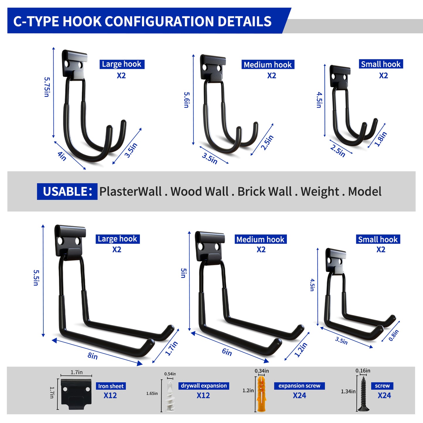 Utility tools, garages, ladders, wall racks, brackets, outdoor garage hooks 12-piece, heavy-duty steel tool wall storage hooks with non-slip coating, practical wall-mounted mounts for bicycles, ladder