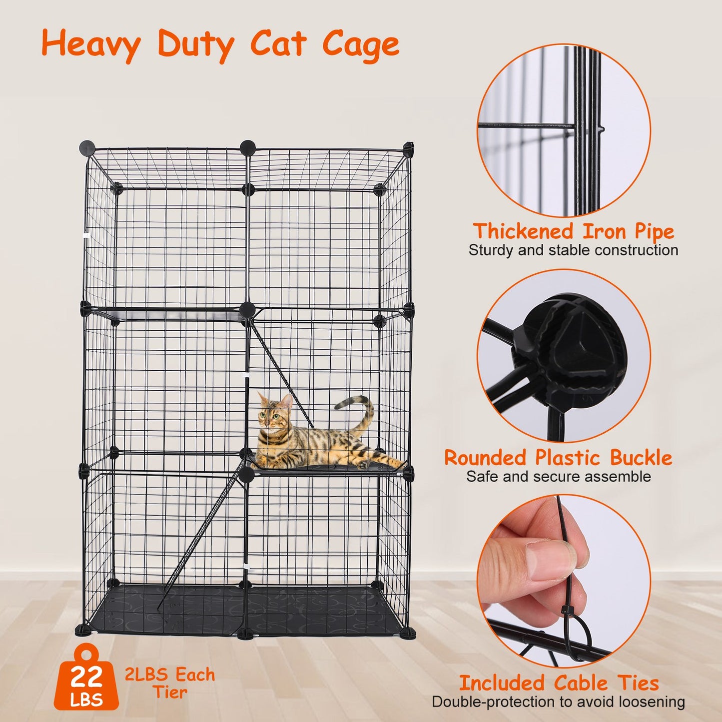 Cat Cage DIY Indoor Pet Home Small Animal House Detachable Playpen with 3 Doors 3 Tiers for Kitten Puppy Bunny Exercise. (Black，28.15x13.97x42.12in)