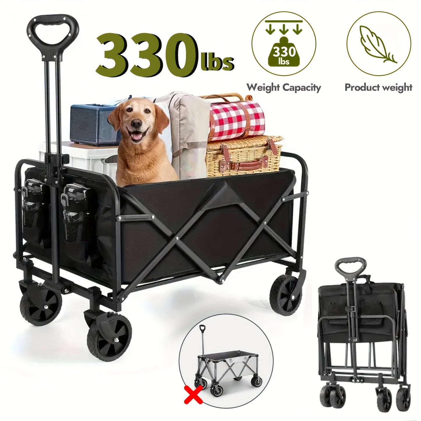 220LBS/330LBS Folding Wagon Cart, Heavy Duty Utility Portable Foldable Outdoor Beach Garden Cart With 360°All Terrain Wheels, Side Pockets, Large Capacity Collapsible Wagon For Camping, Sports, Yard, Lawn And Gardening