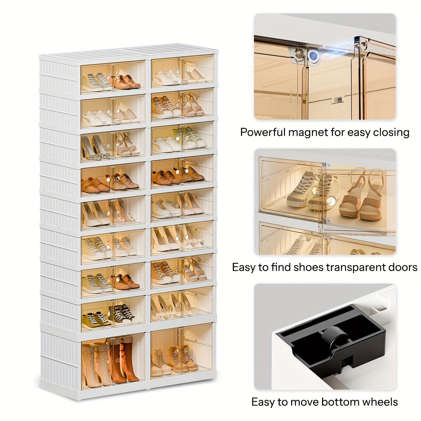 3/9-Tier Foldable Shoe Rack Organizer for Closet 36Pairs Plastic Shoe Shelf Collapsible Shoes Storage Box Clear Shoe Boxes Stackable with Door Easy Assembly Shoe Cabinet with Lids Large