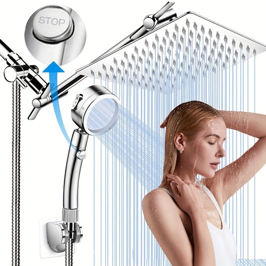 Shower Head, 12 Inch High Pressure Rainfall Shower Head/Handheld Shower Combo with 11 Inch Extension Arm, 9 Settings Adjustable Anti-leak Shower Head with Holder/Hose, Height/Angle Adjustable