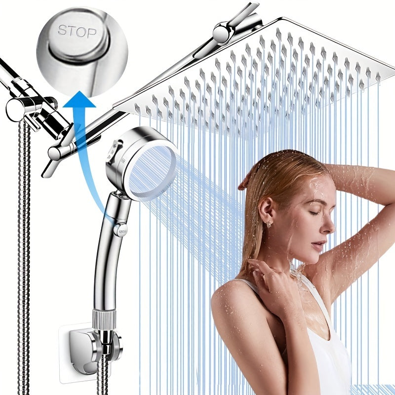 12 Inch High Pressure Rainfall Shower Head - 9 Settings Adjustable, 11 Inch Extension Arm, Handheld Shower Combo, Anti-Leak, Height/Angle Adjustable, with Holder/Hose