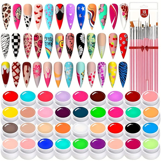 36 Color Nail Art Gel Paint Kit - Nail Art Kit Nail Gel Set With 15pcs Painting Nail Brushes